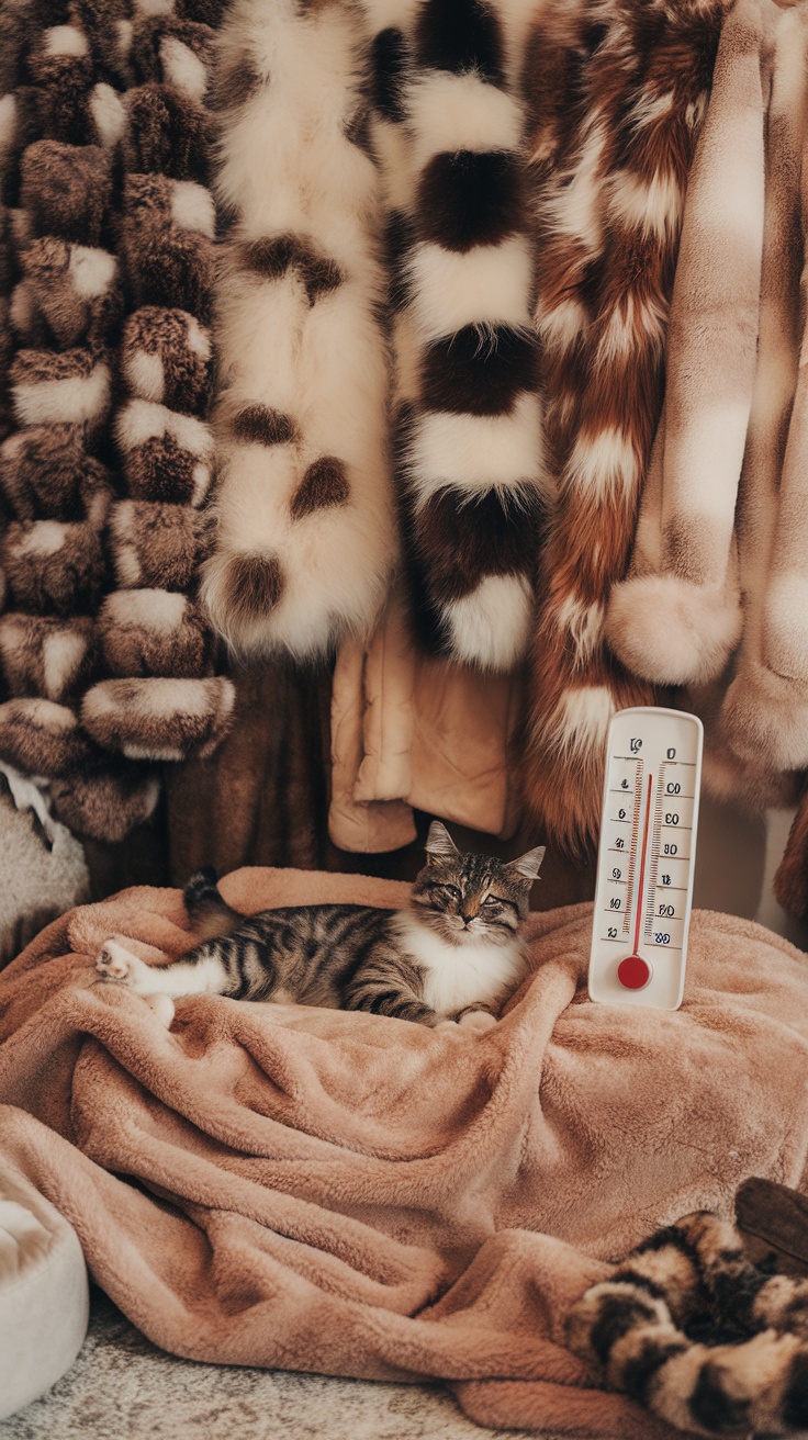 A cozy cat lounging on a blanket surrounded by fur coats and a thermometer.