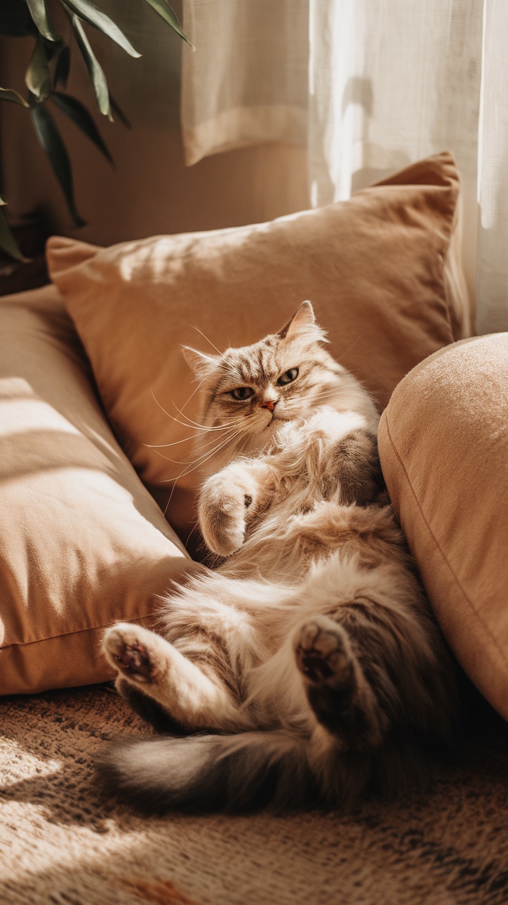A cat lying on its back on cushions, exposing its belly.