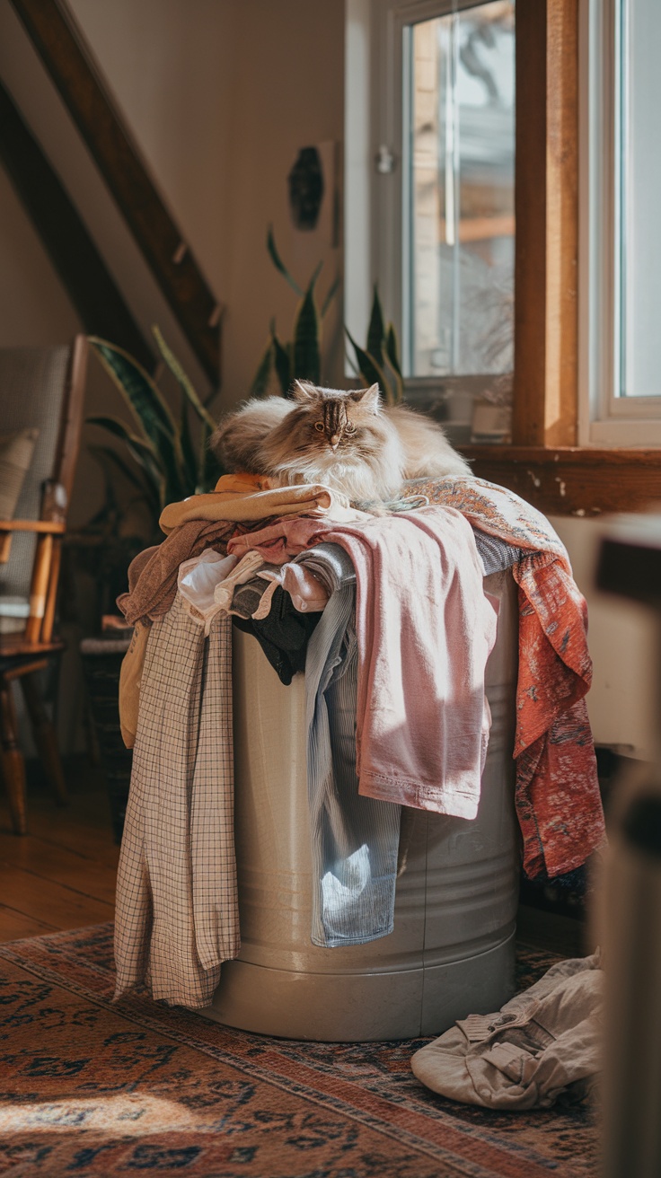 A fluffy cat lounging on a pile of laundry.