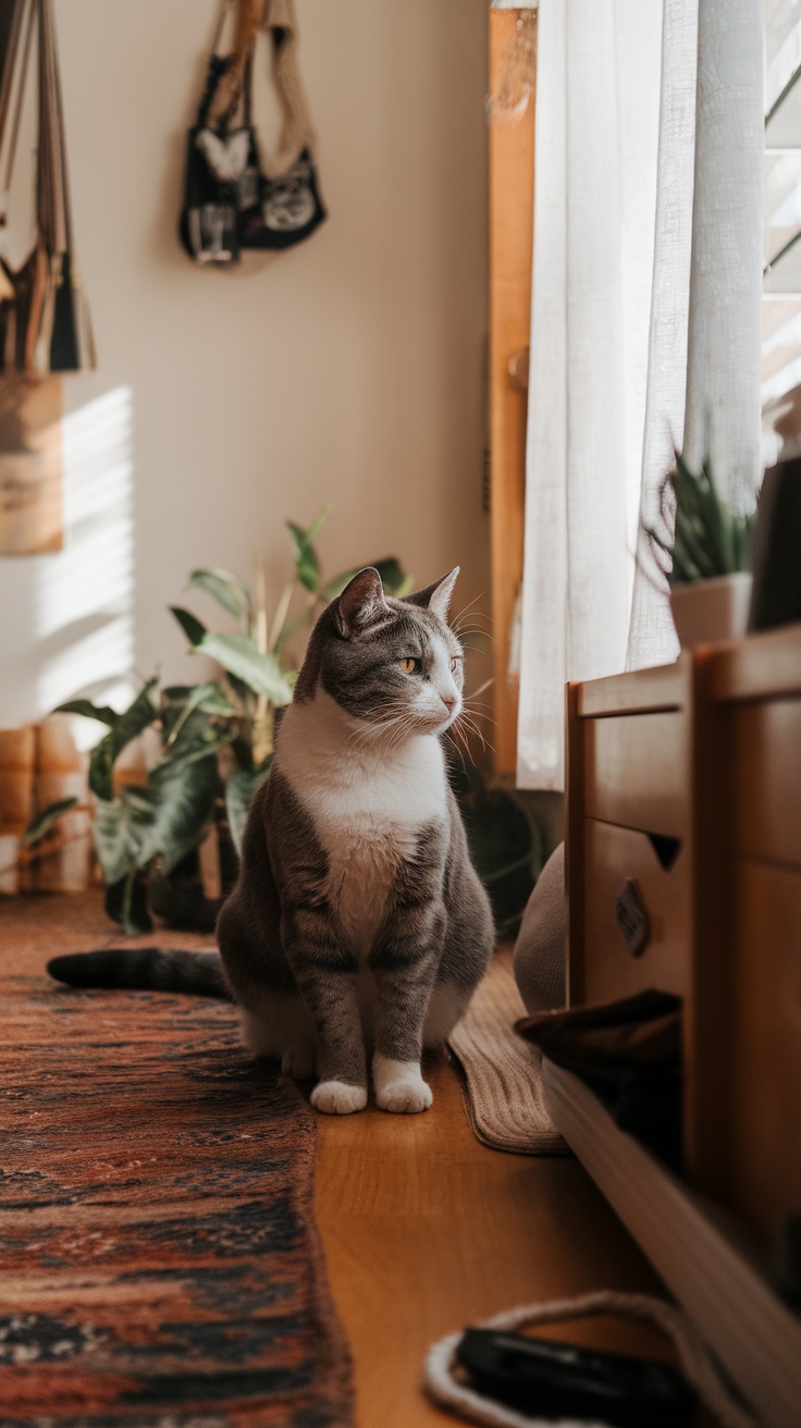 A cat sitting calmly, looking out the window