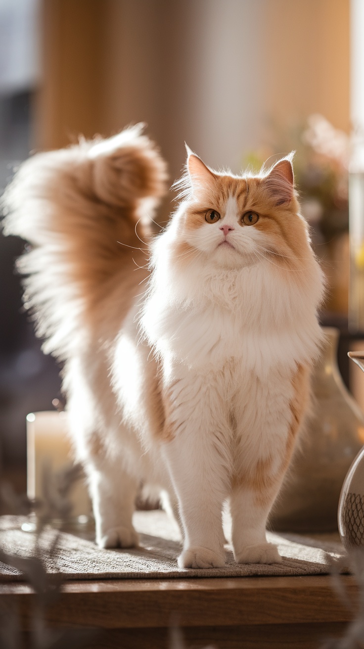 A fluffy cat with an upright tail, looking friendly and content.