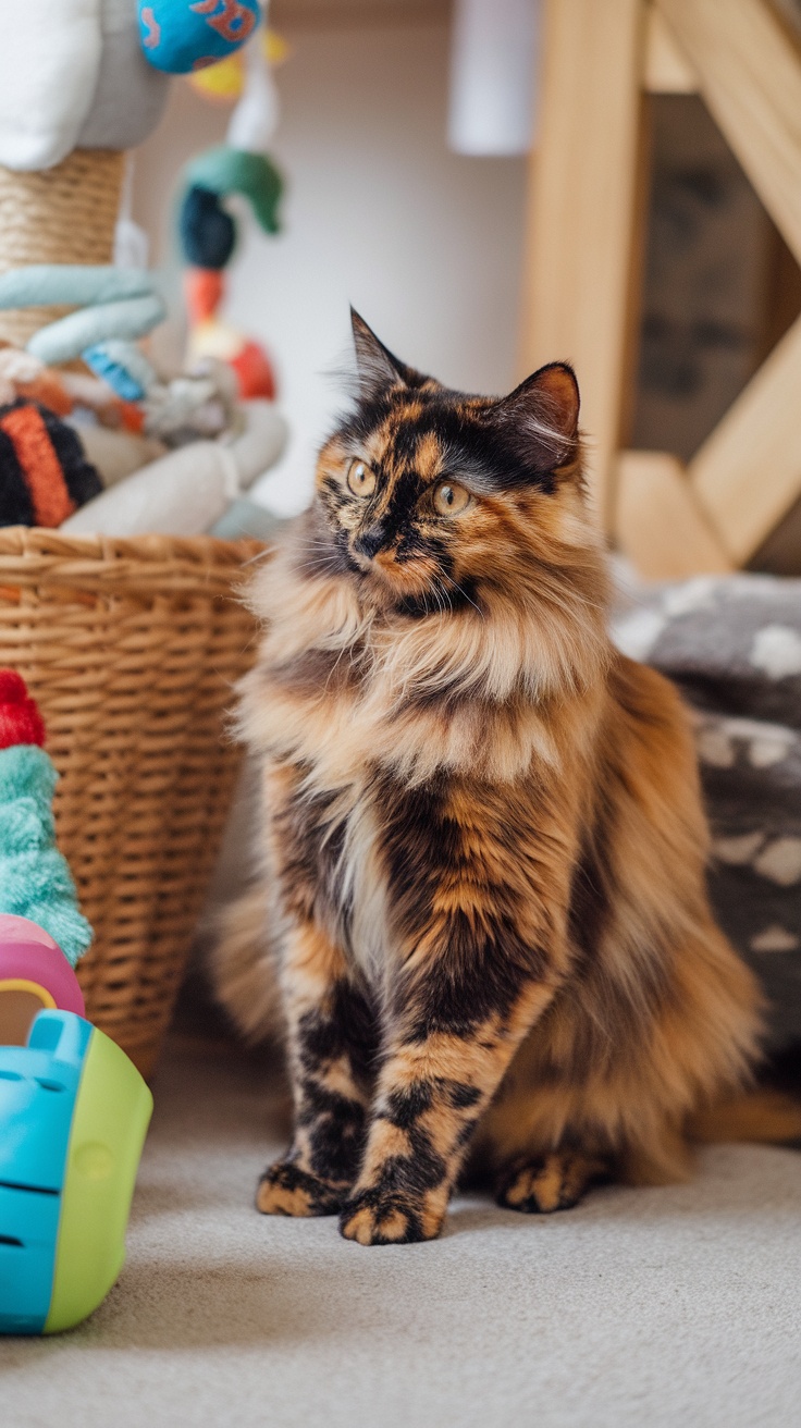 A tortoiseshell cat with orange, black, and cream fur, sitting beside toys and a basket.