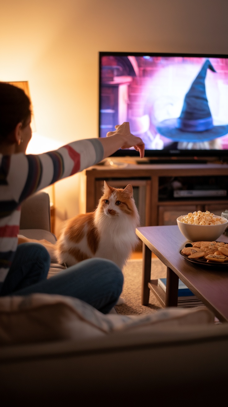 A person pointing at the TV while their cat looks on.