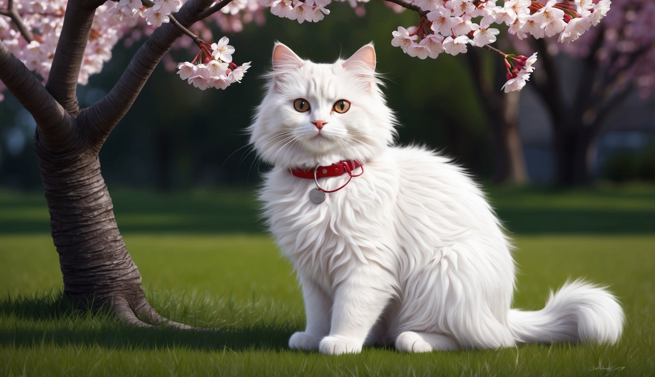A fluffy white cat with a red collar sitting under a cherry blossom tree