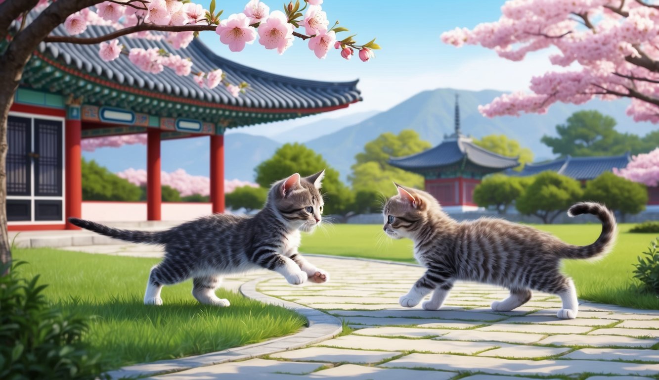 Two playful kittens chasing each other in a traditional Korean garden, surrounded by blooming cherry blossoms and a pagoda in the background