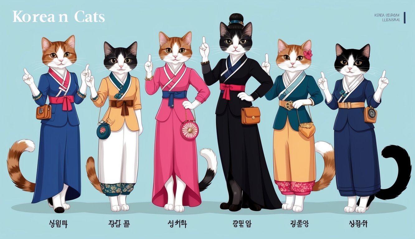 A group of stylish and confident female cats with Korean-inspired accessories and names, posing together with an air of elegance and independence