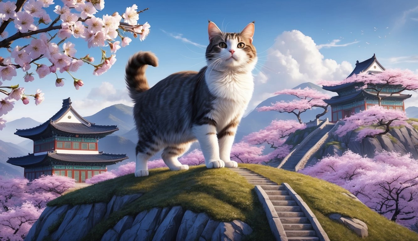 A majestic Korean cat with whiskers stands proudly on a mountain peak, surrounded by traditional Korean architecture and cherry blossom trees