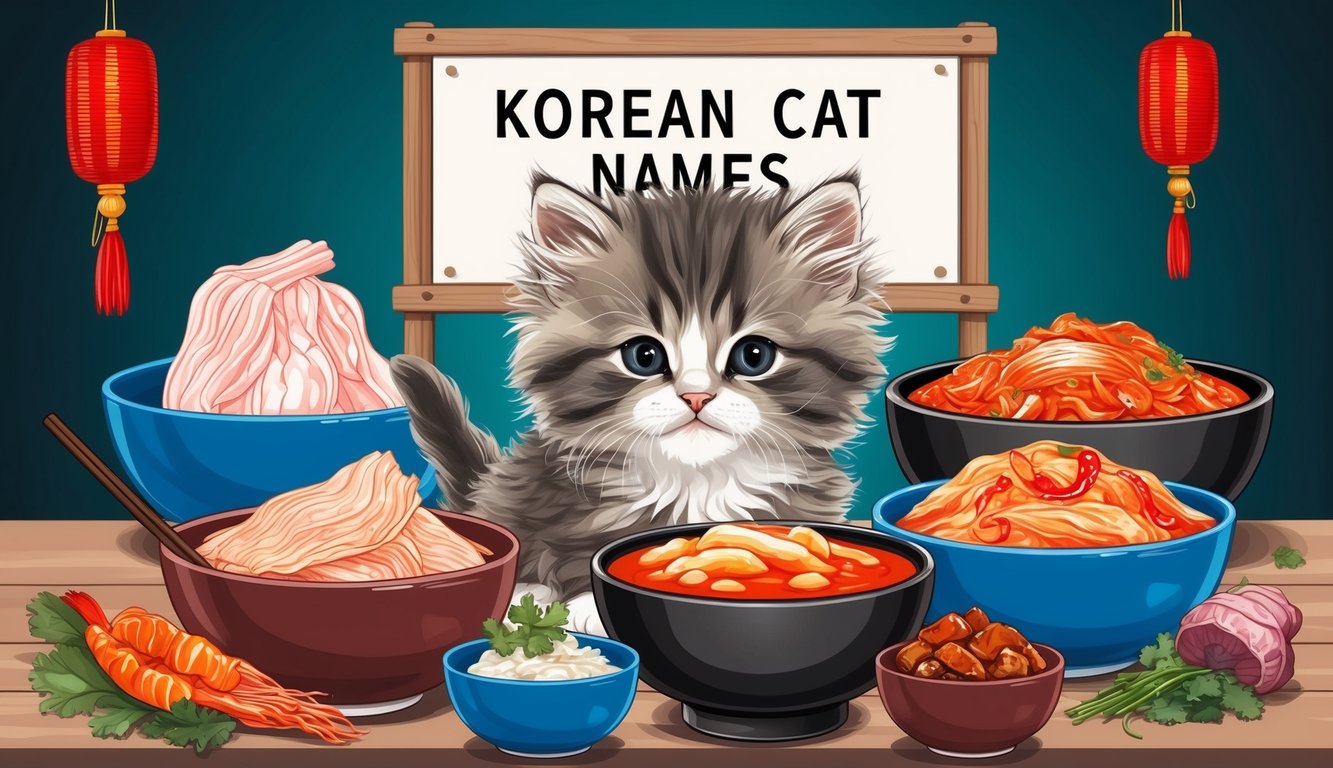 A fluffy kitten surrounded by bowls of kimchi and Korean food, with a sign reading "Korean Cat Names" in the background
