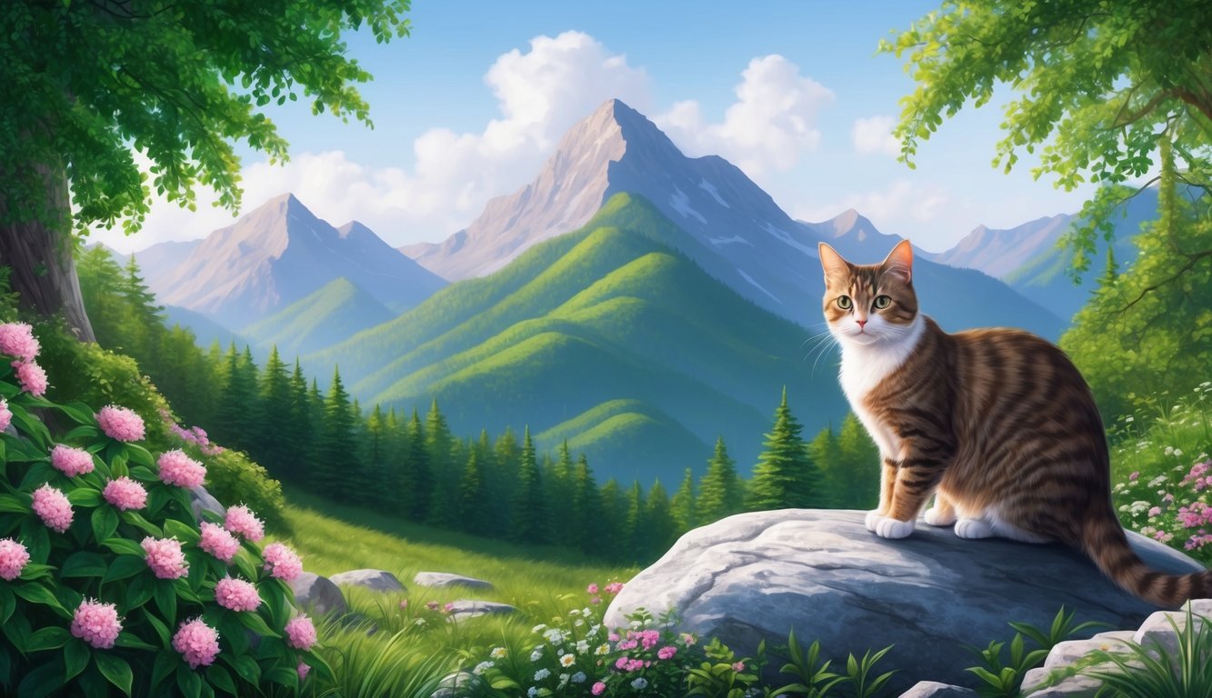 A serene mountain landscape with a cat perched on a rock, surrounded by lush greenery and blooming flowers