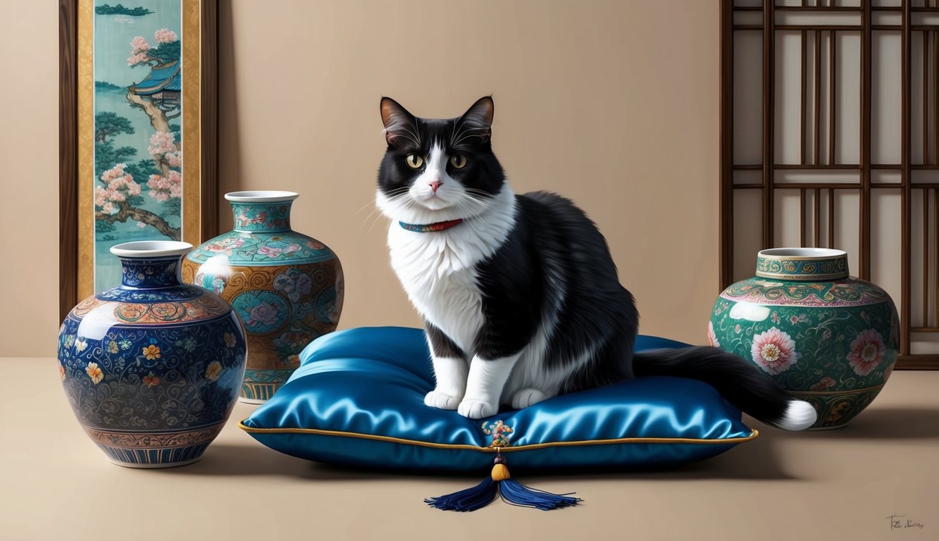 A regal Korean cat sits atop a silk cushion, surrounded by ornate traditional Korean pottery and artwork