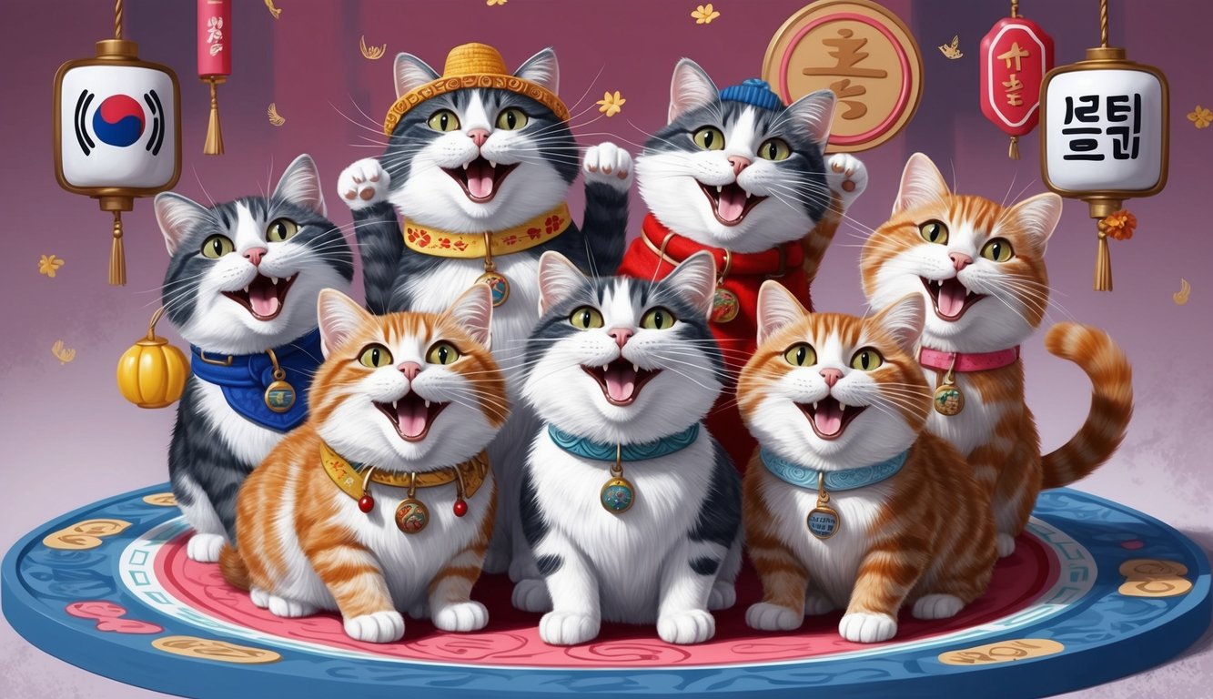 A group of playful cats with comical expressions and unique accessories, surrounded by Korean-inspired decor and symbols