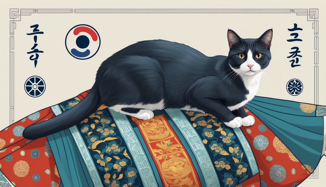A sleek Korean cat sits atop a traditional hanbok, surrounded by Korean symbols and traditional patterns