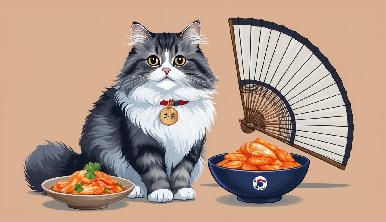 A fluffy cat with a Korean name tag sits beside a traditional Korean fan and a bowl of kimchi