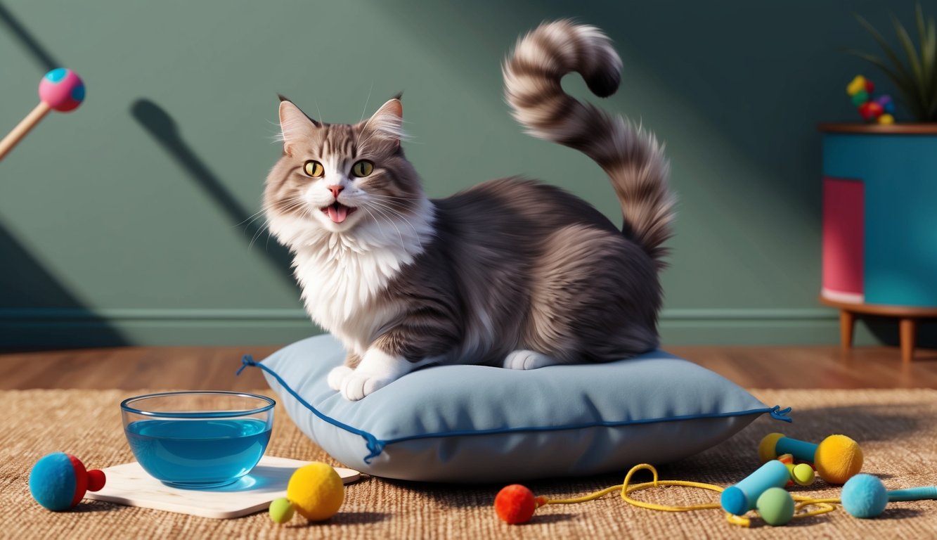 A playful cat with a fluffy tail sits on a cushion, surrounded by toys and a bowl of water