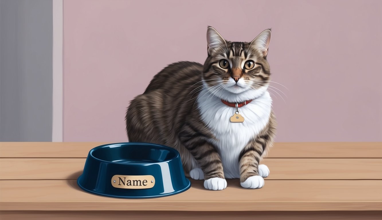 A cat sitting next to a bowl with a gender-neutral name tag