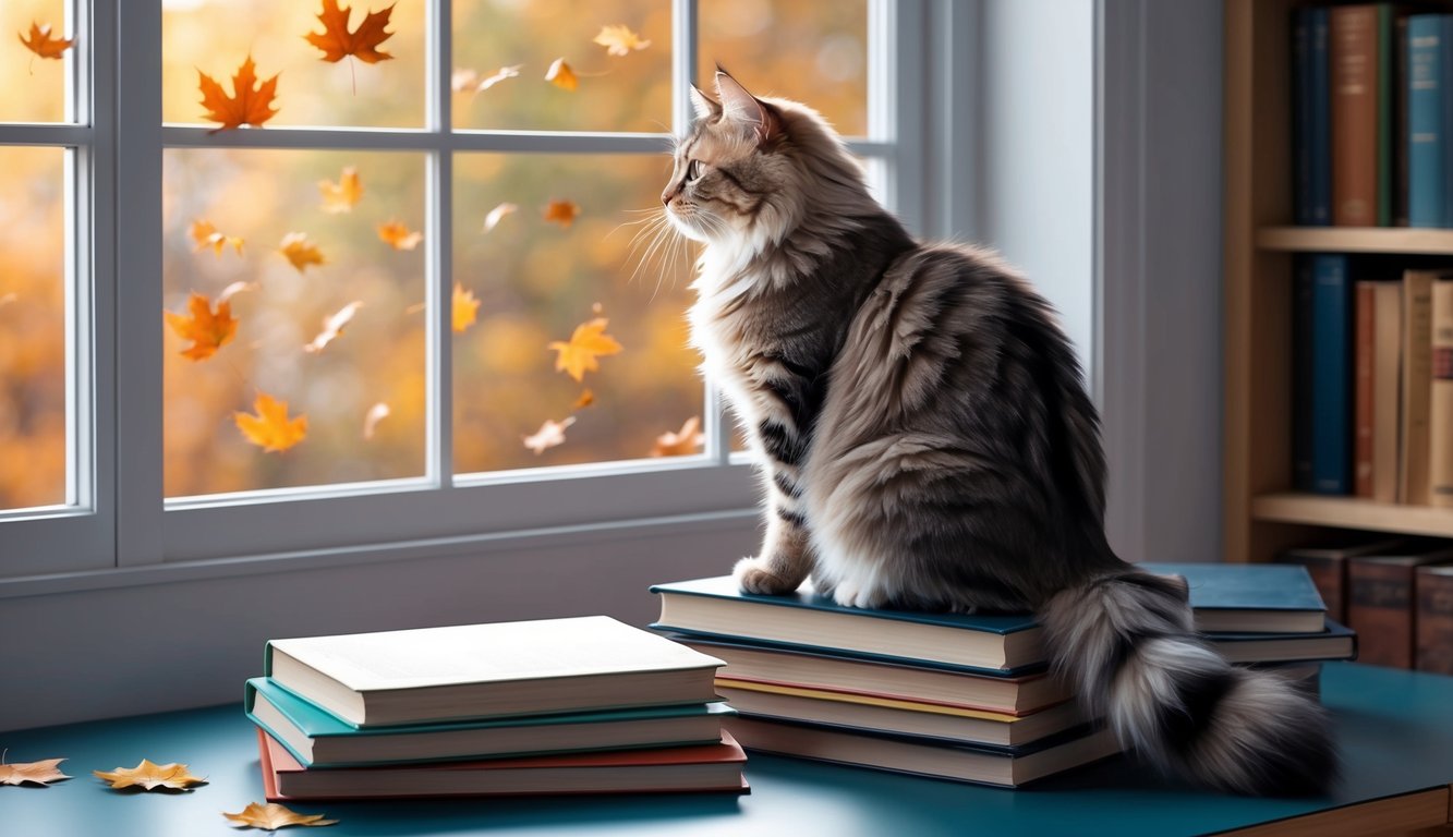 A fluffy cat with a striped tail sits atop a pile of books, gazing out a window at the falling leaves