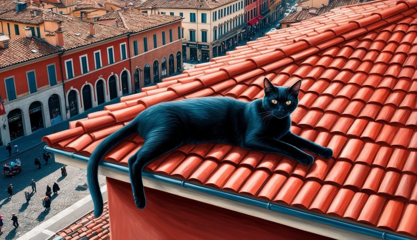 A sleek black cat lounges on a red-tiled rooftop, overlooking a bustling Italian street below