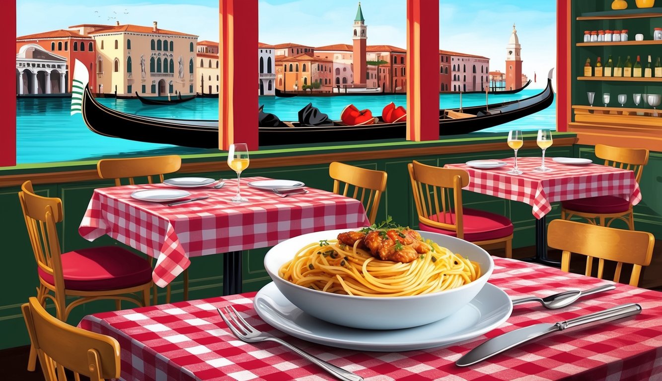 A cozy Italian bistro with a checkered tablecloth, a bowl of spaghetti, and a gondola in the background