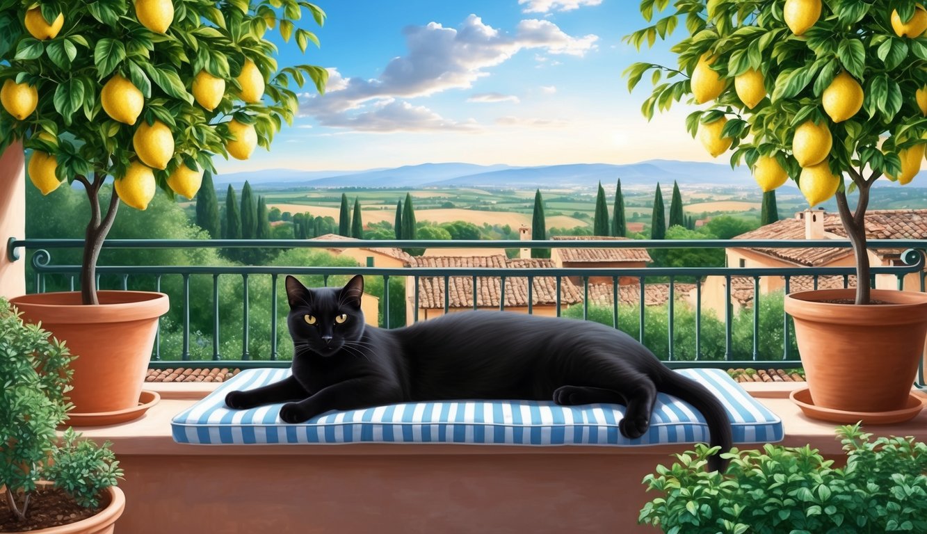 A sleek black cat lounges on a sun-drenched balcony, surrounded by potted lemon trees and terracotta pots, with a view of the Italian countryside