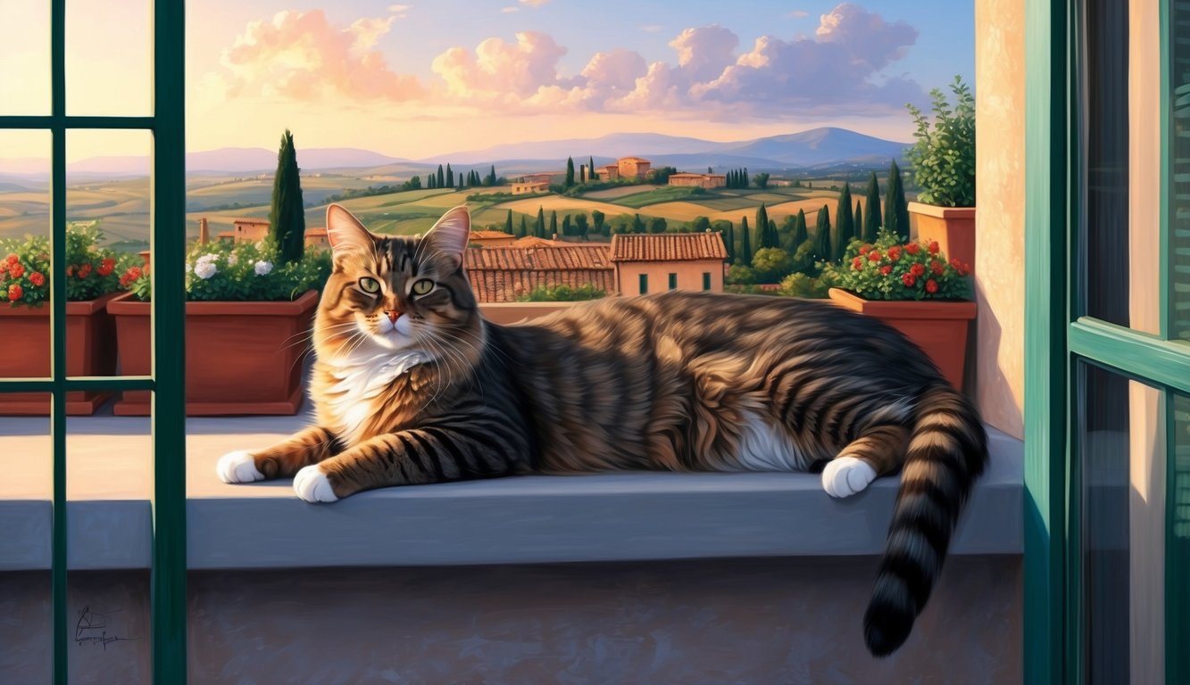 A regal Italian cat lounging on a balcony, with a view of the Tuscan countryside in the background