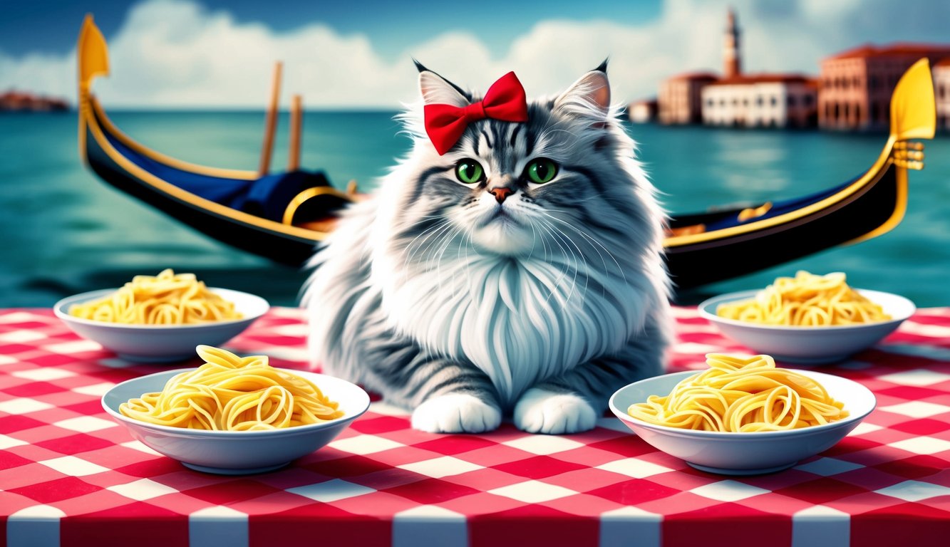 A fluffy cat with a bow sits on a checkered tablecloth, surrounded by bowls of pasta and a gondola in the background