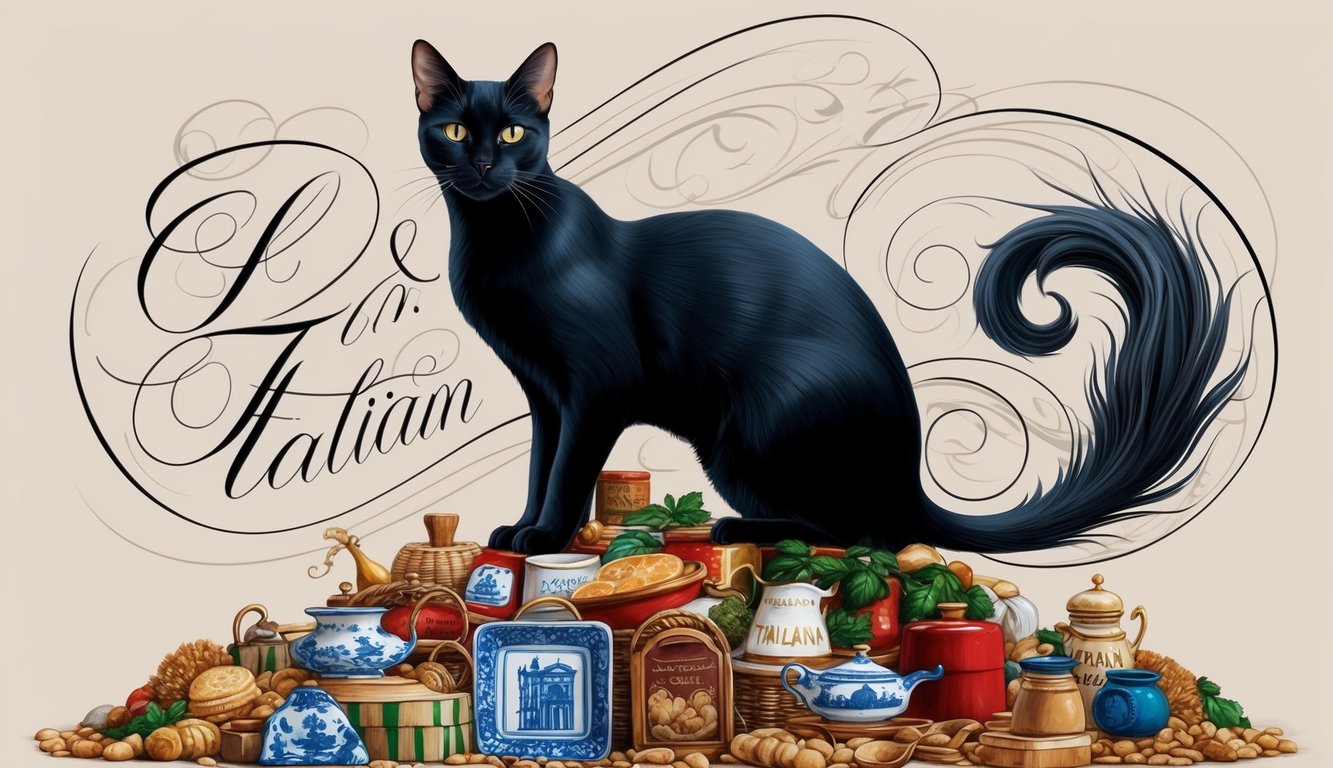 A sleek black cat sits atop a pile of Italian-themed items, surrounded by a swirl of elegant script and adorned with a luxurious, flowing tail