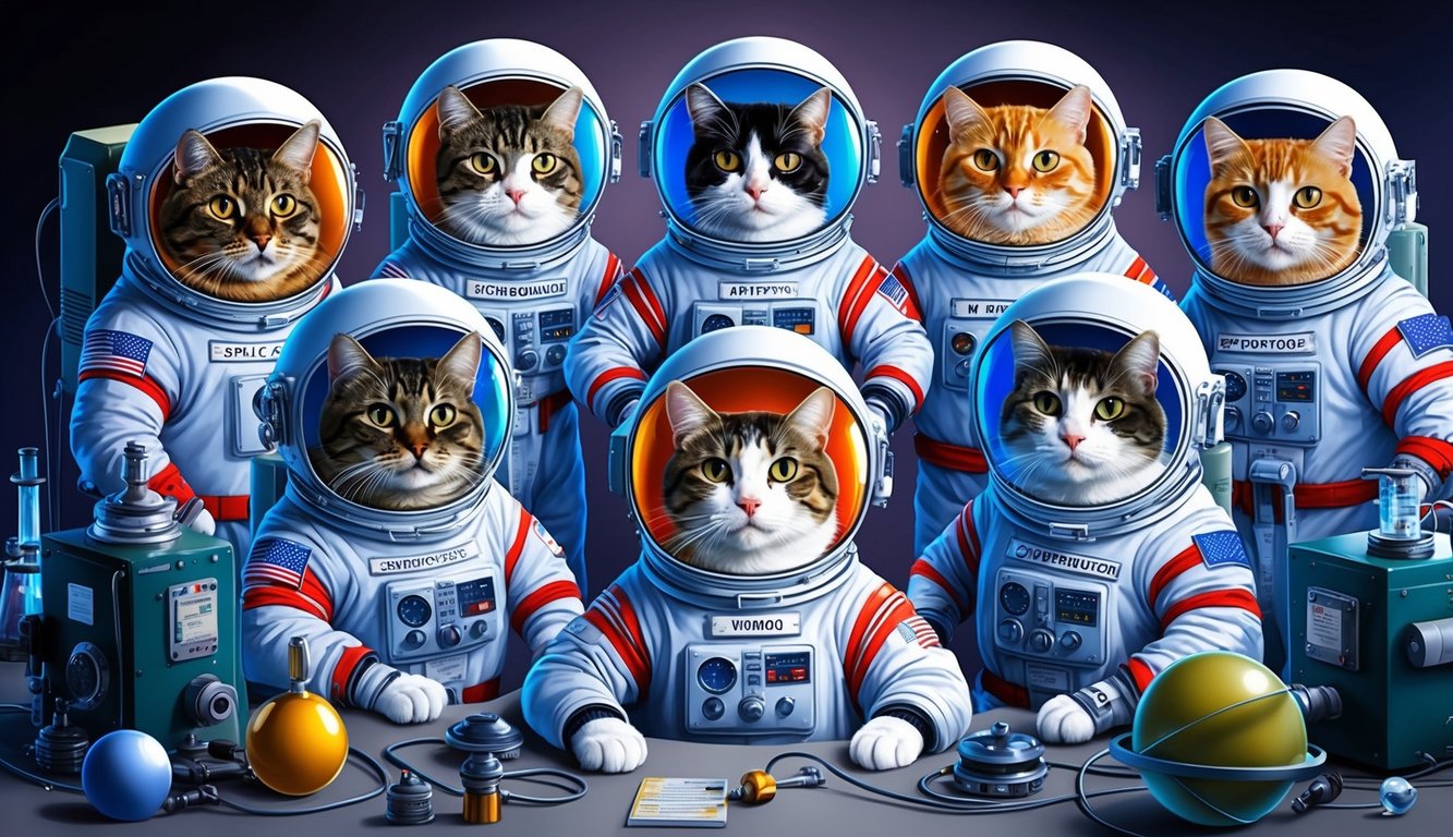 A group of cats in space suits surrounded by scientific equipment, each with a punny name related to space or science