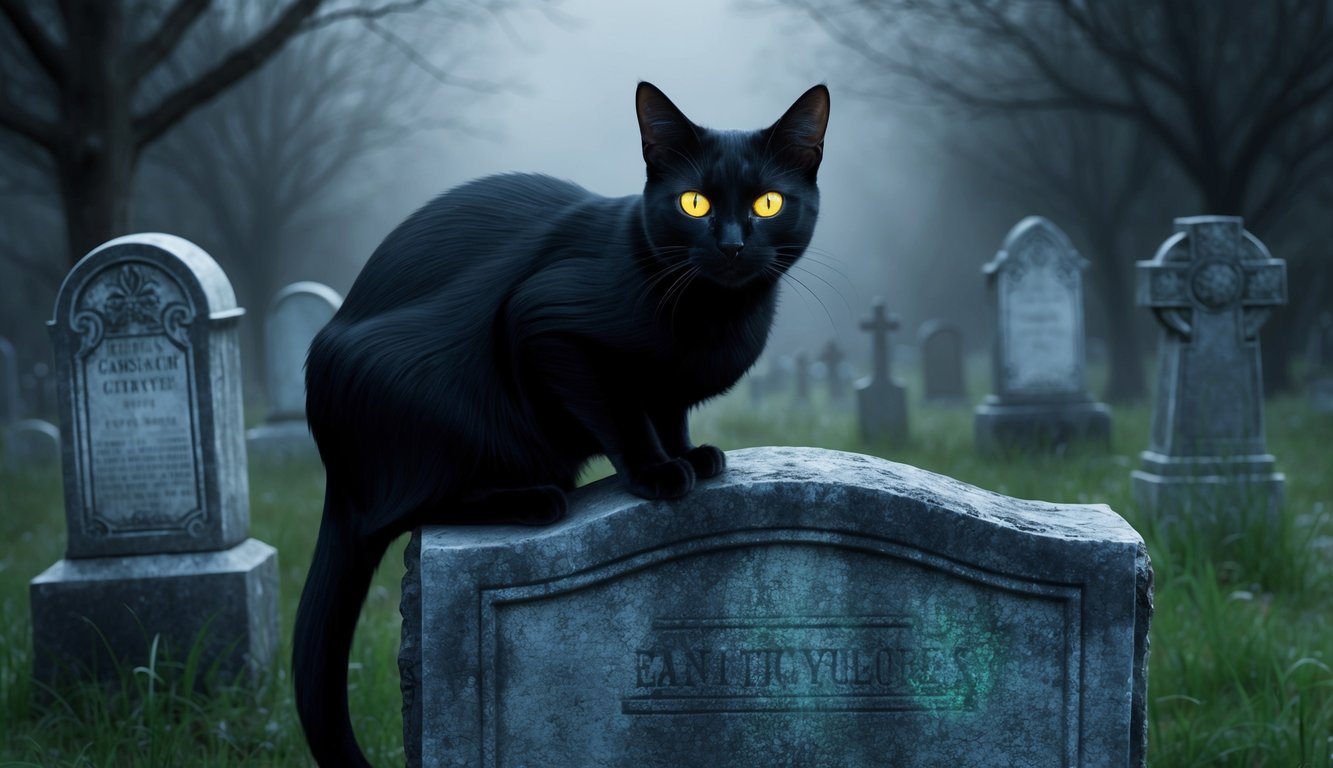 A black cat with glowing eyes perched on a weathered gravestone in a misty cemetery