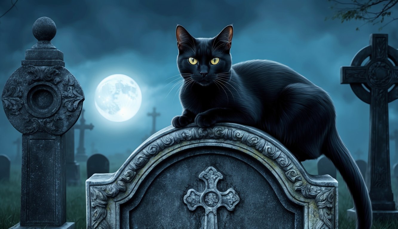 A black cat with piercing eyes sits atop a weathered, ornate gravestone in a misty, moonlit cemetery