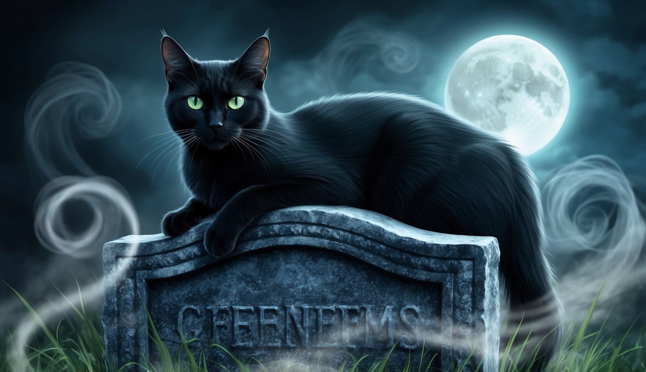 A black cat with piercing green eyes sits atop a weathered tombstone, surrounded by swirling mist and eerie moonlight