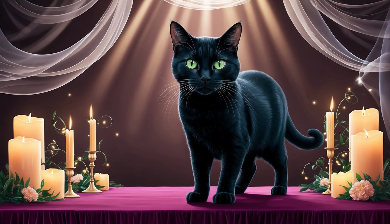 A black cat with piercing green eyes stands on a velvet-draped table, surrounded by swirling veils and flickering candlelight