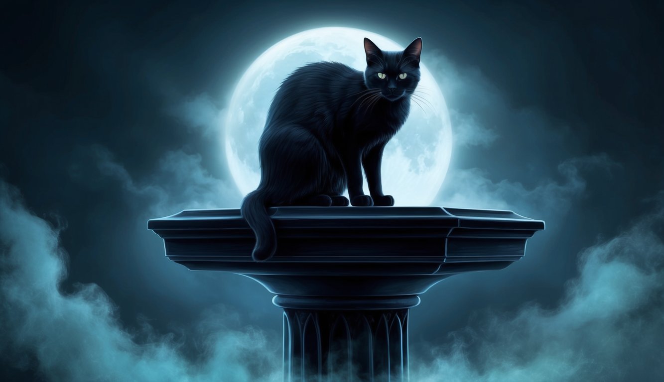 A dark, mysterious cat with an androgynous appearance sits atop a gothic pedestal, surrounded by eerie fog and moonlit shadows
