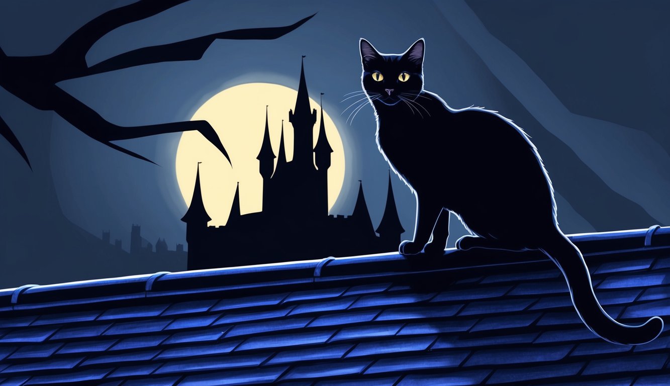 A black cat perched on a moonlit rooftop, silhouetted against a gothic castle backdrop, with shadows casting dramatic shapes