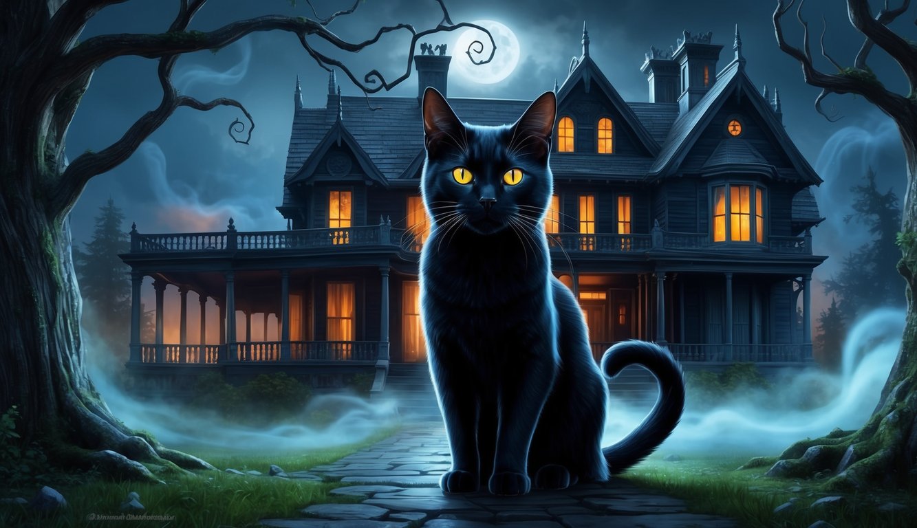 A black cat with glowing eyes stands in front of a haunted mansion, surrounded by swirling mist and ancient trees