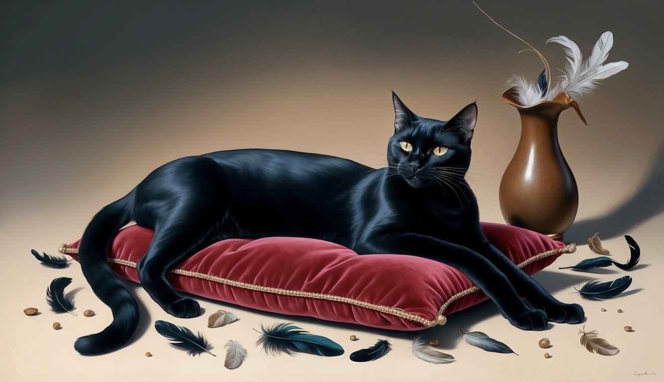 A sleek black cat with a mischievous glint in its eye, lounging on a velvet cushion surrounded by scattered feathers and a toppled vase