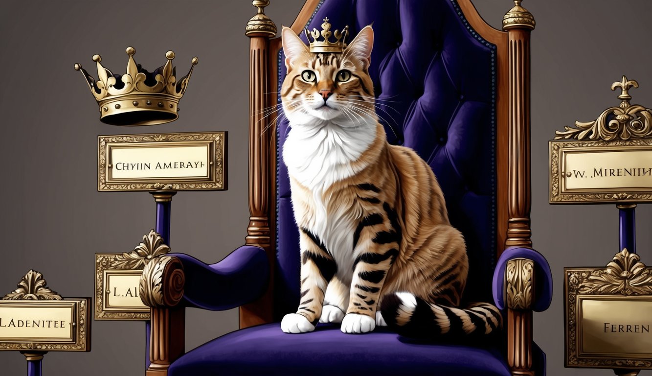 A regal feline perched on a velvet throne, surrounded by ornate nameplates and a crown, exuding an air of sass and authority