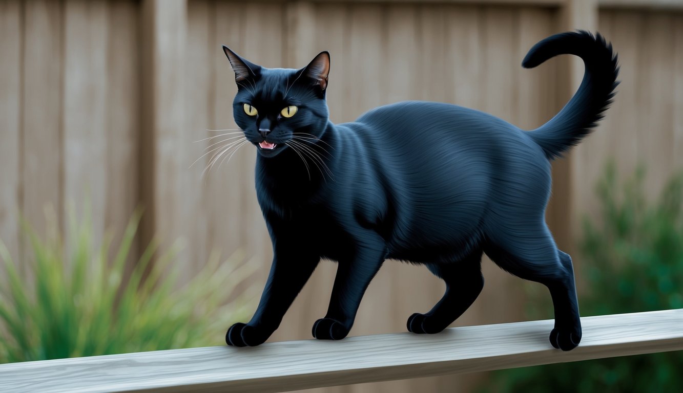 A sleek black cat with a mischievous glint in his eye struts confidently along a fence, tail held high and a playful smirk on his face