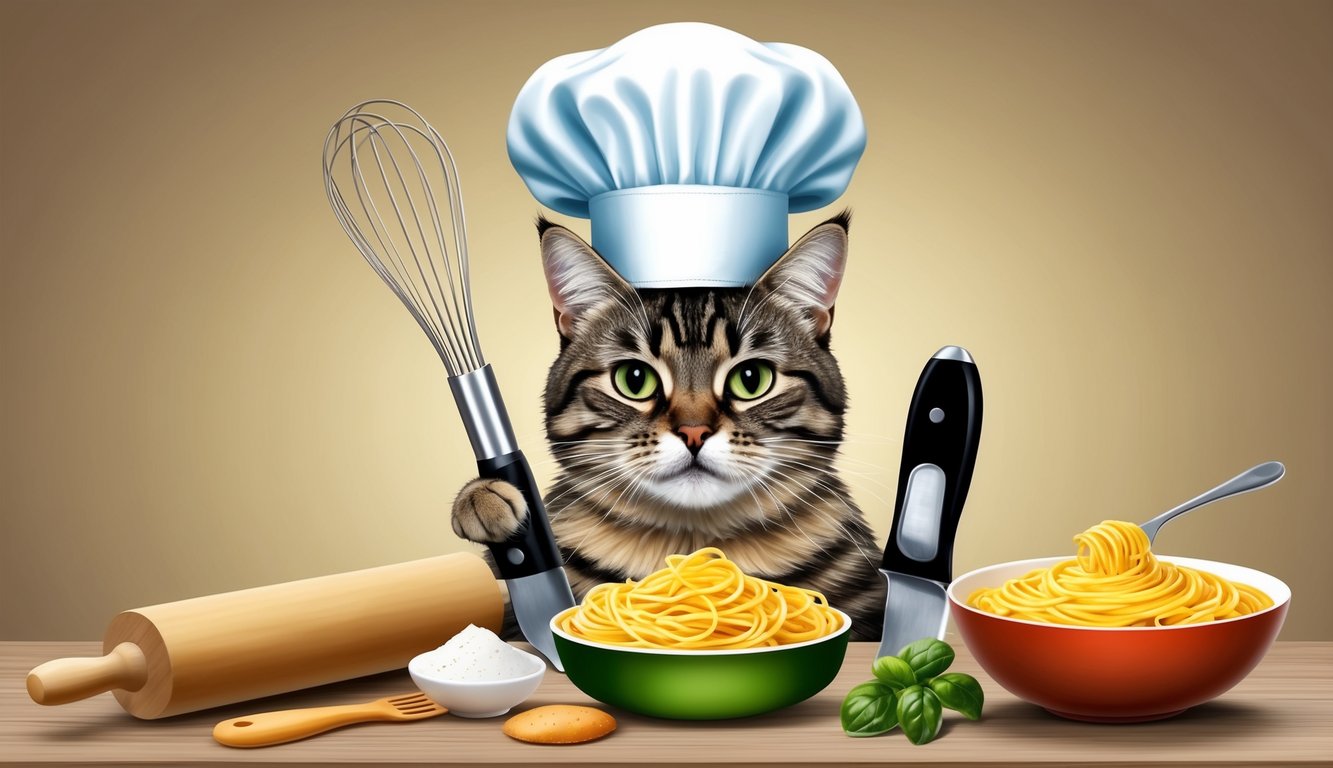 A sassy cat with a chef's hat surrounded by food-themed items like a whisk, rolling pin, and a bowl of spaghetti