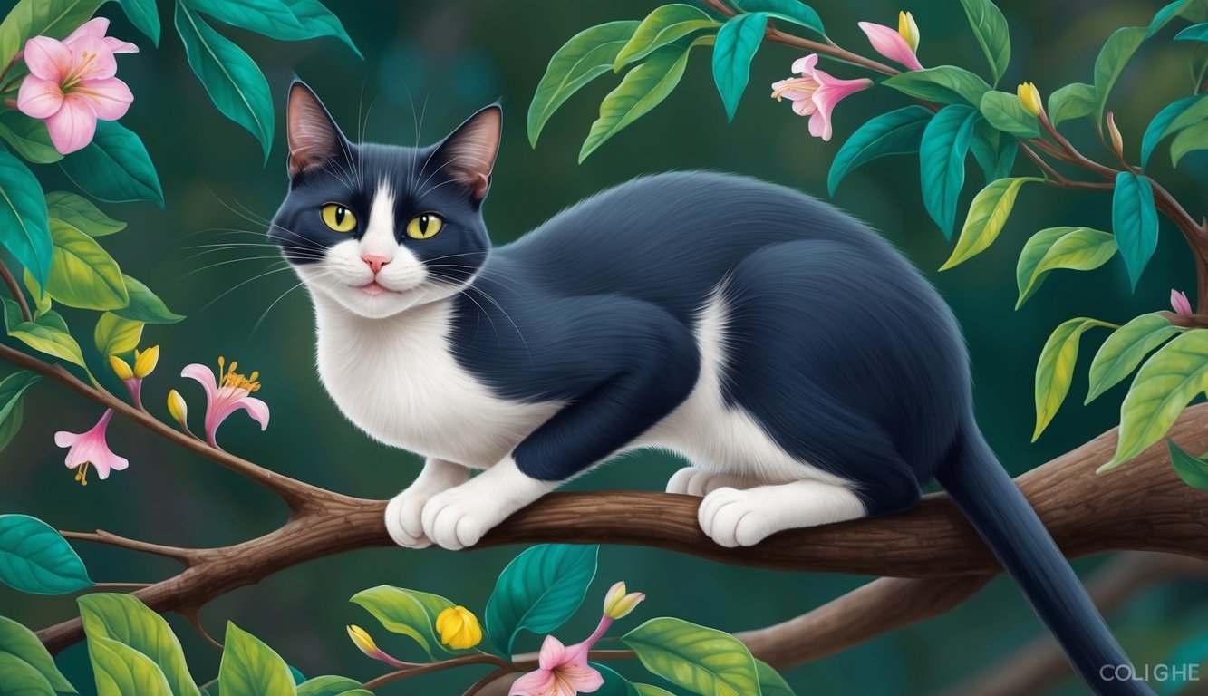 A sleek, mischievous cat perched on a branch, surrounded by vibrant leaves and flowers, with a playful glint in its eye