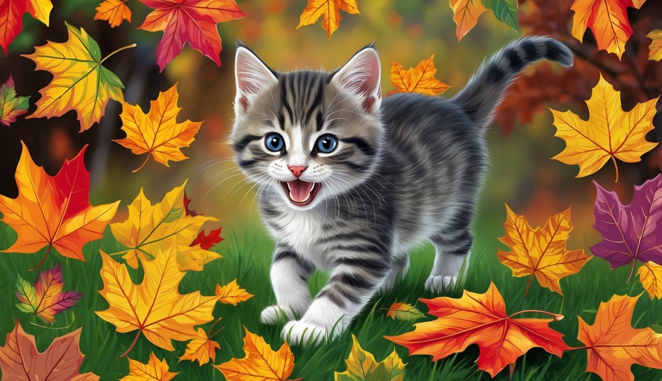 A playful kitten surrounded by colorful autumn leaves