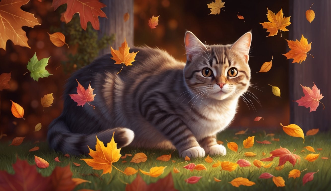 A cozy, autumnal setting with a curious cat surrounded by colorful falling leaves and a palette of warm, earthy tones