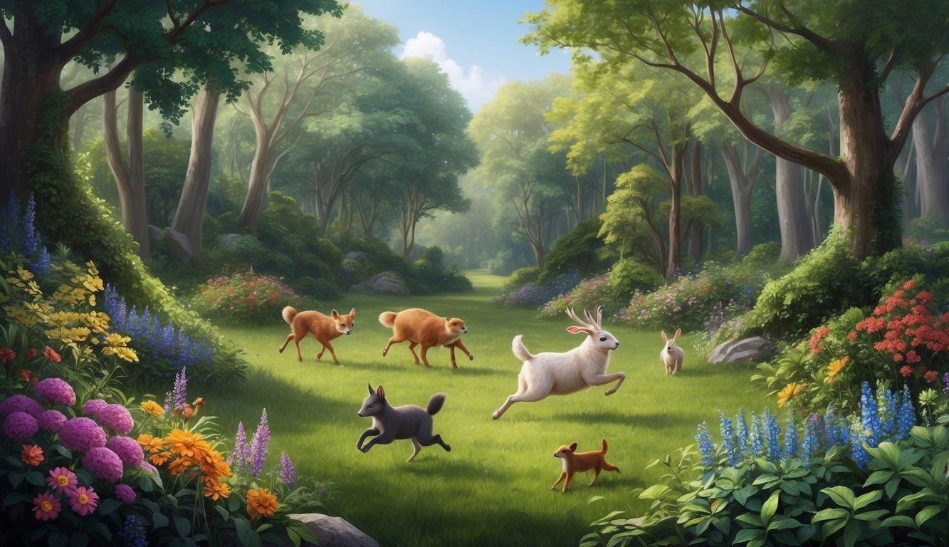 A serene forest clearing with colorful flowers, lush greenery, and playful animals frolicking among the flora