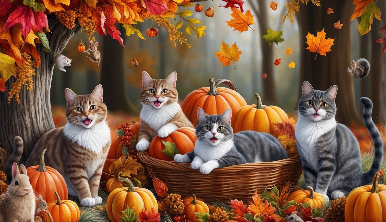 A cozy autumn scene with playful cats surrounded by festive fall foliage and woodland creatures
