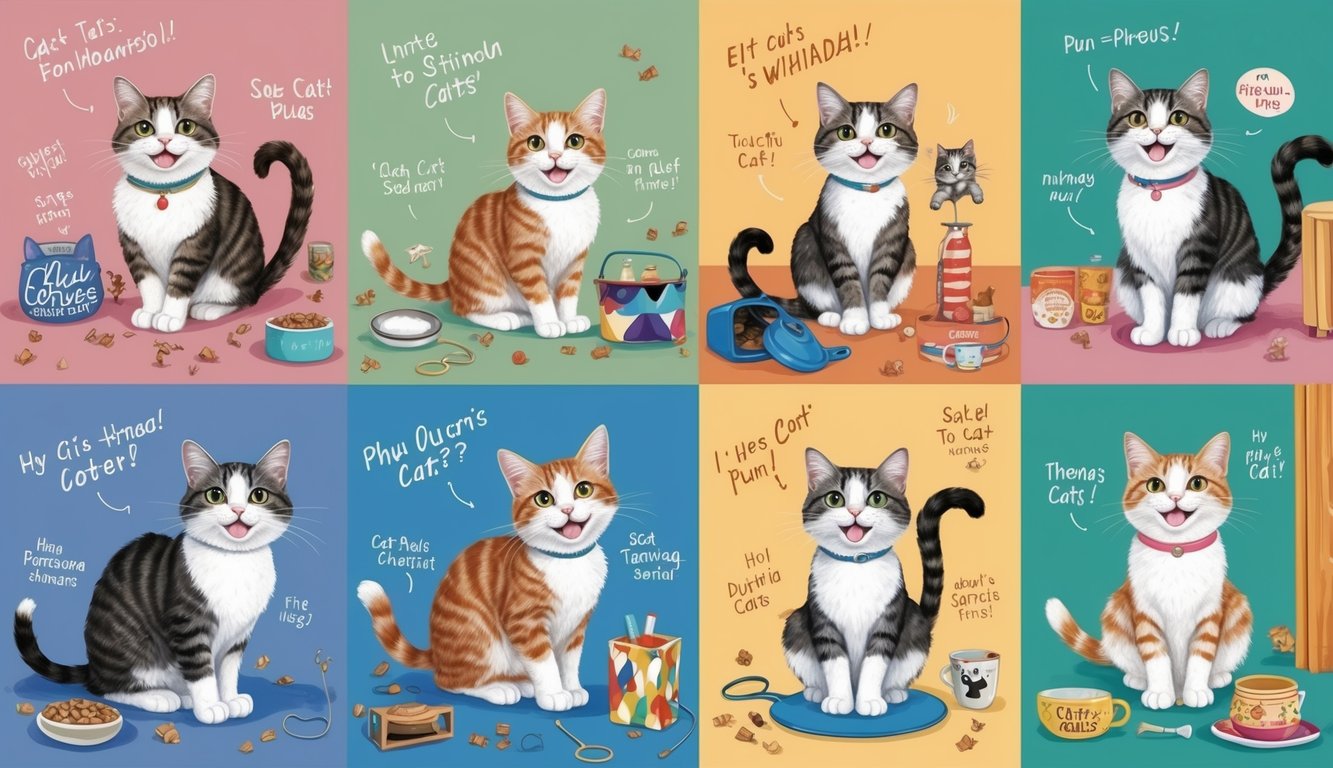 Cats in various playful scenarios, surrounded by cat-themed objects and accessories, with whimsical expressions and pun-inspired names
