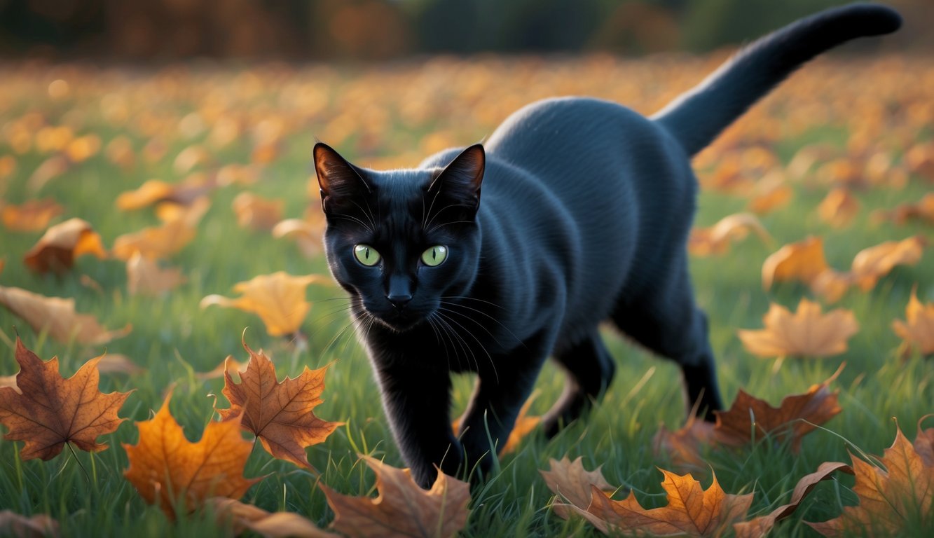 A sleek black cat with piercing green eyes prowls through a field of autumn leaves, its fur catching the warm glow of the setting sun