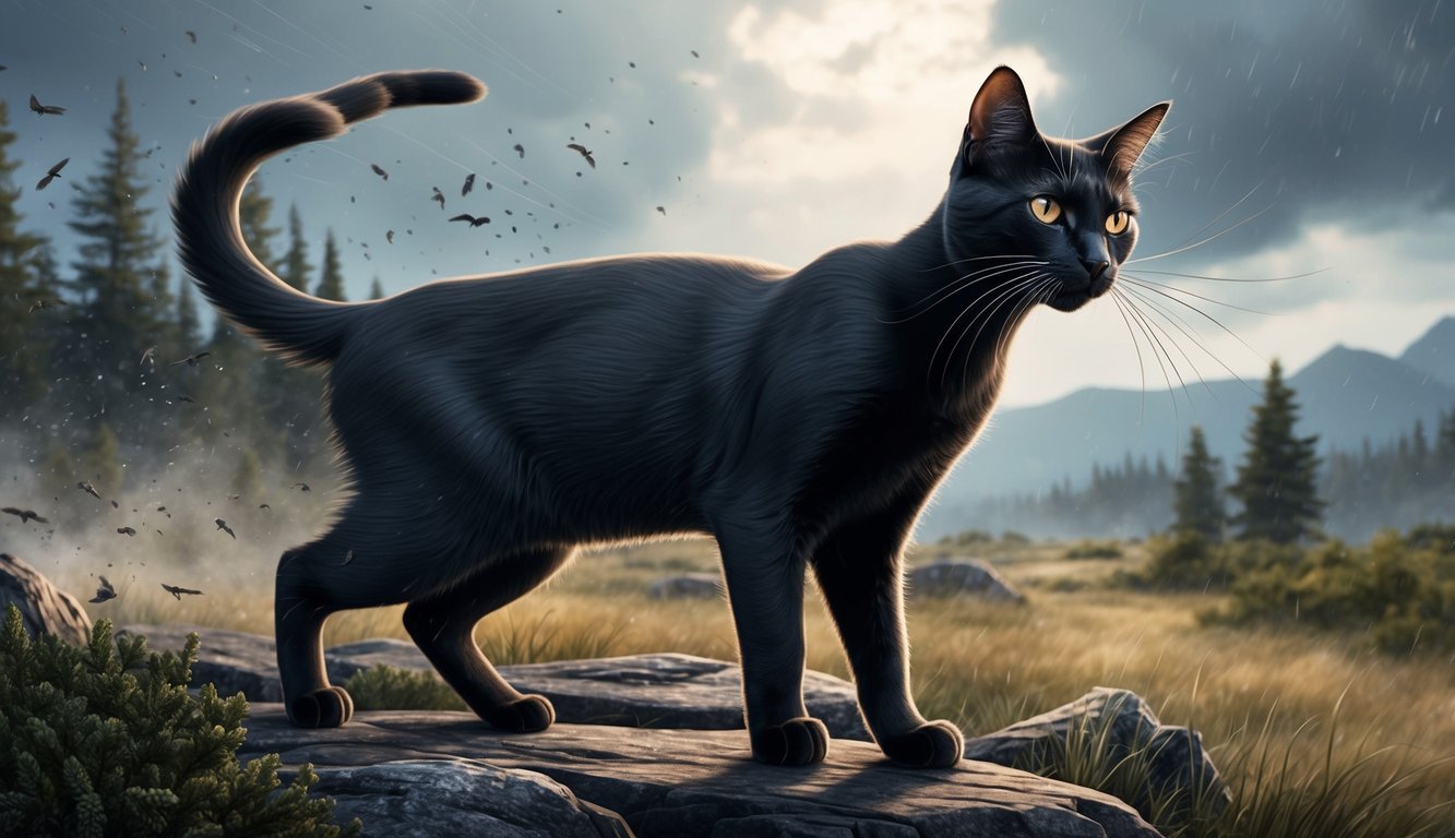 A sleek cat with whiskers blowing in the wind, surrounded by wild weather and wilderness