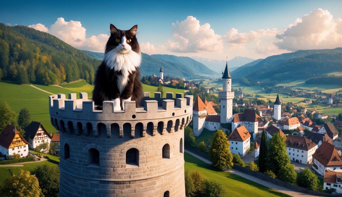 A regal German cat sitting atop a medieval castle turret, overlooking a picturesque village nestled in the Bavarian countryside