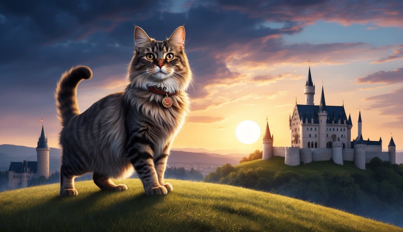 A regal German cat stands proudly on a hill, with a castle in the background and the sun setting behind it