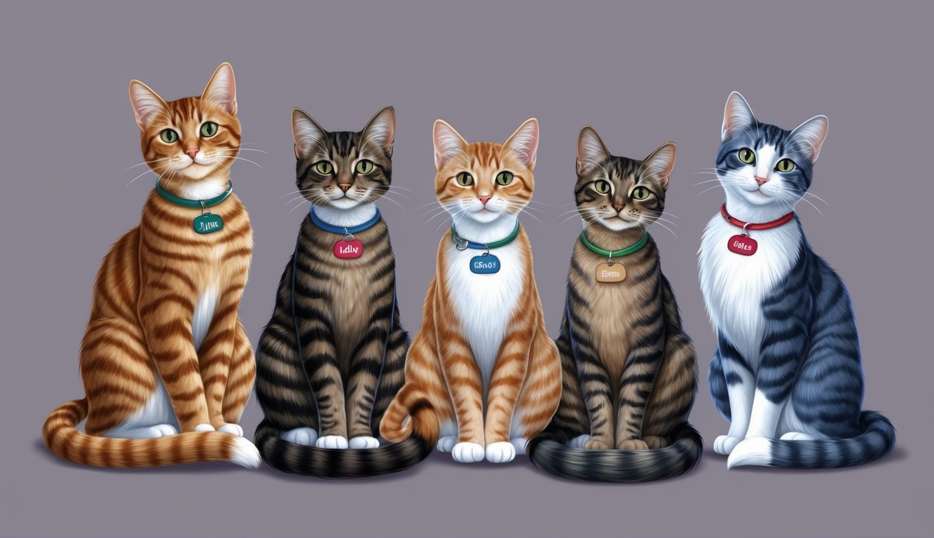 A group of cats with intertwined tails, each with a unique name tag