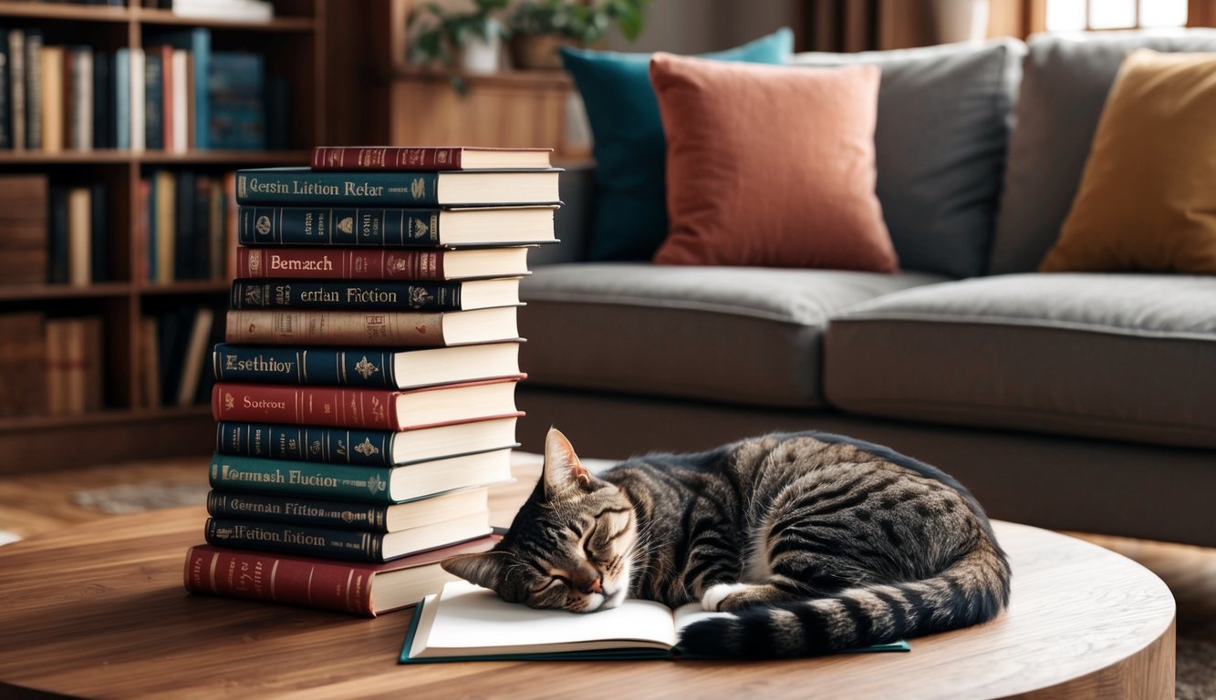 A cozy living room with a stack of German fiction books next to a sleeping feline